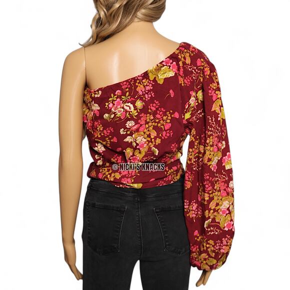 Rachel Roy One Shoulder Floral Tie Waist Top Puff Sleeve Red Boho Y2K Size M - Picture 4 of 10